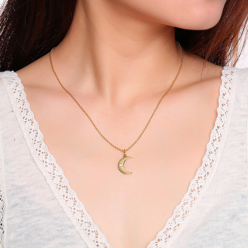 Golden Zircon Crescent Necklace - Celestial Pendant