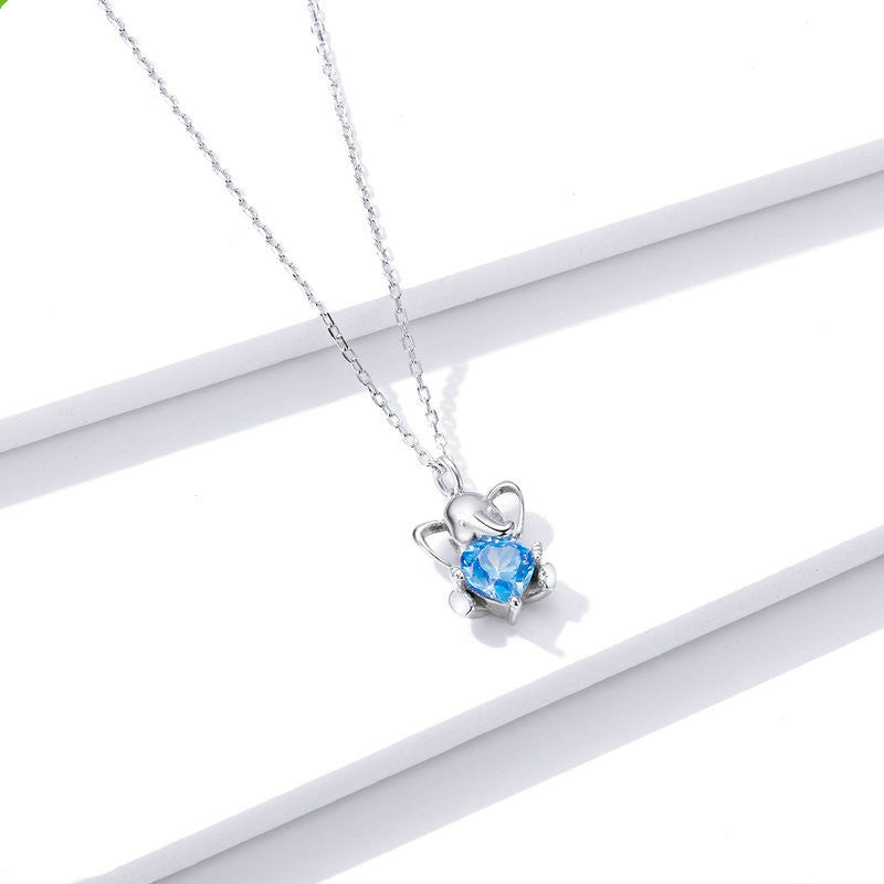 S925 Sterling Silver Blue Bear Necklace Lively and Cute Animals