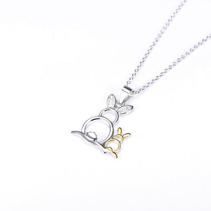 Cute Gold & Silver Rabbits Pendant 925 Silver Necklace