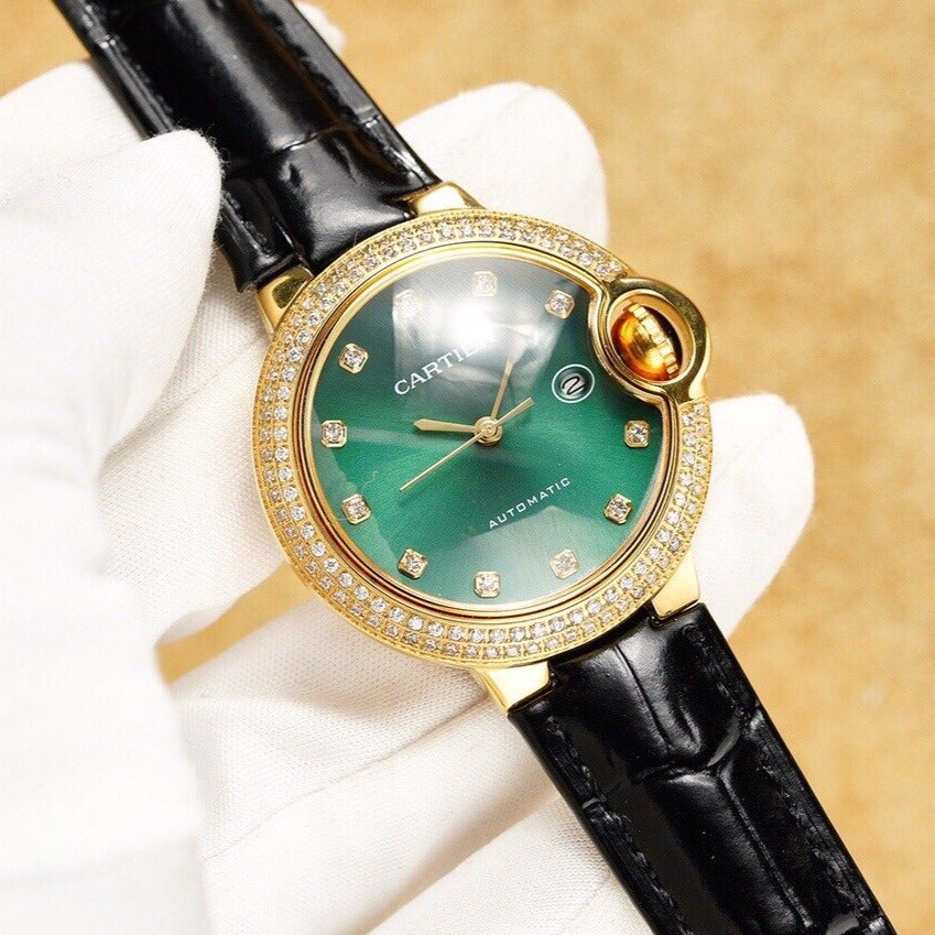 BALLON BLEU 33MM GOLD CASE GREEN DIAL LEATHER STRAP