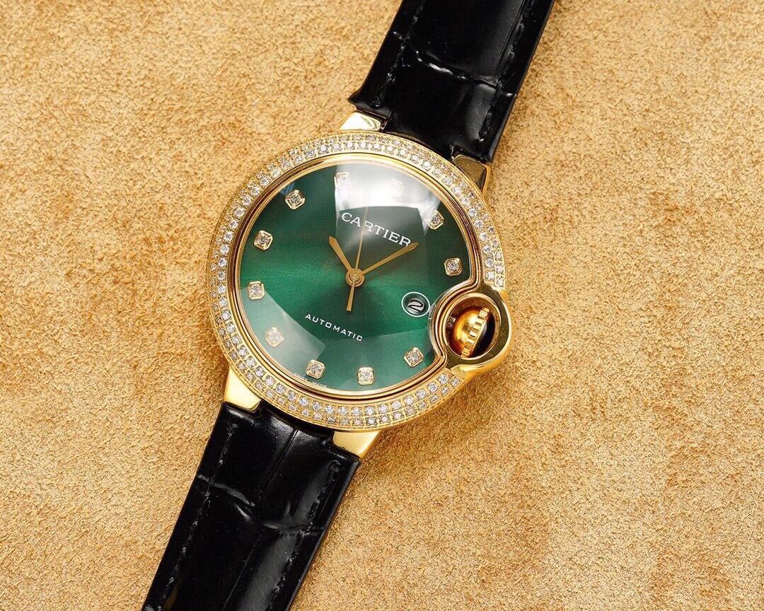 BALLON BLEU 33MM GOLD CASE GREEN DIAL LEATHER STRAP