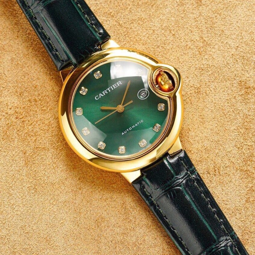 BALLON BLEU 33MM GOLD CASE GREEN DIAL LEATHER STRAP