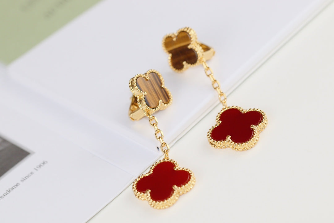 CLOVER EARRINGS GOLD TIGER EYE CARNELIAN 2 MOTIF