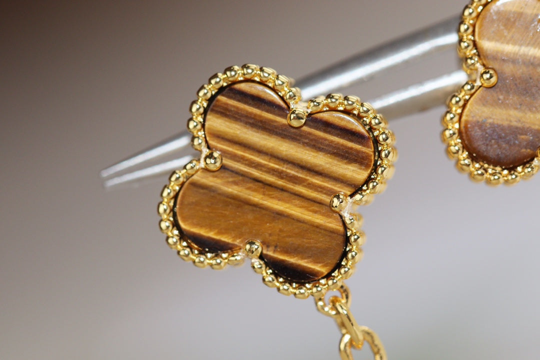 CLOVER EARRINGS GOLD TIGER EYE CARNELIAN 2 MOTIF