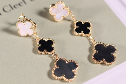 CLOVER EARRINGS GOLD ONYX MOP 3 MOTIF