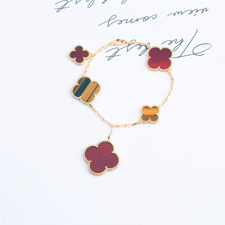 CLOVER BRACELET 5 MOTIFS CARNELIAN TIGER EYE