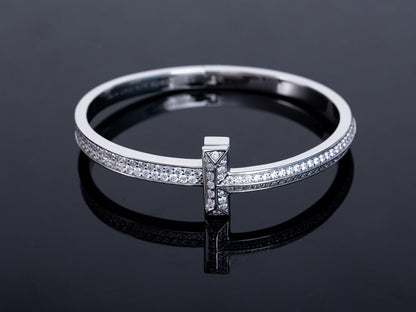 WIDE DIAMONDS HINGED BANGLE SILVER