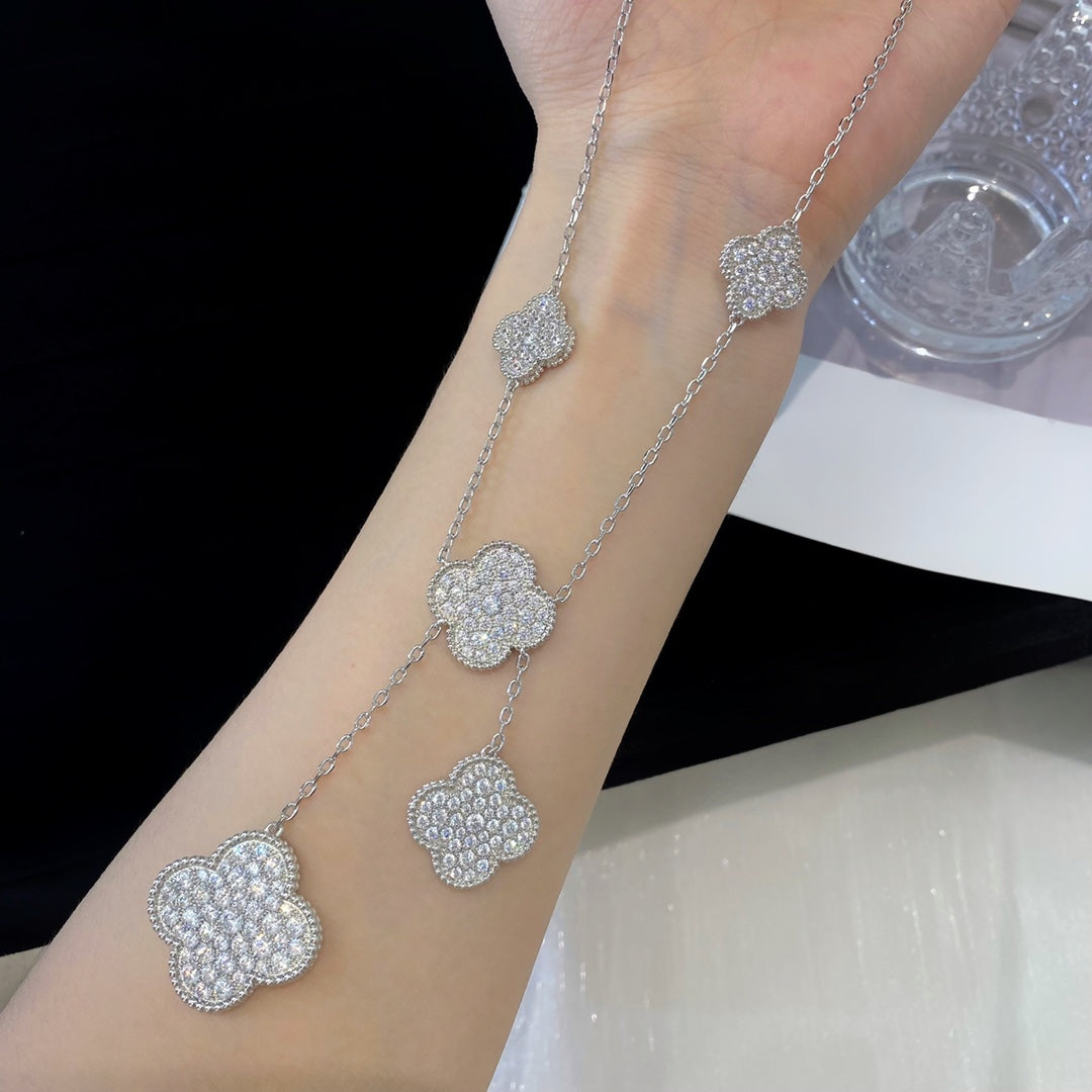 CLOVER 5 MOTIFS SILVER DIAMONDS NECKLACE