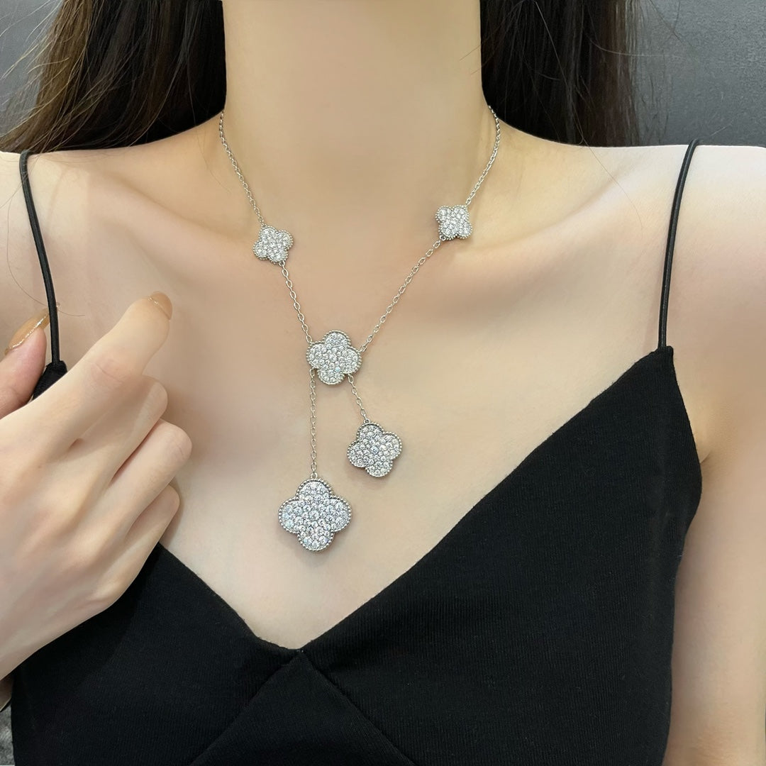 CLOVER 5 MOTIFS SILVER DIAMONDS NECKLACE