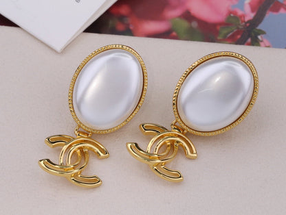 DOUBLE C GOLD WHITE DROP EARRINGS