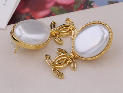 DOUBLE C GOLD WHITE DROP EARRINGS