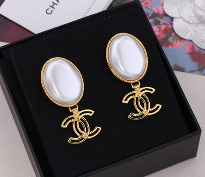 DOUBLE C GOLD WHITE DROP EARRINGS