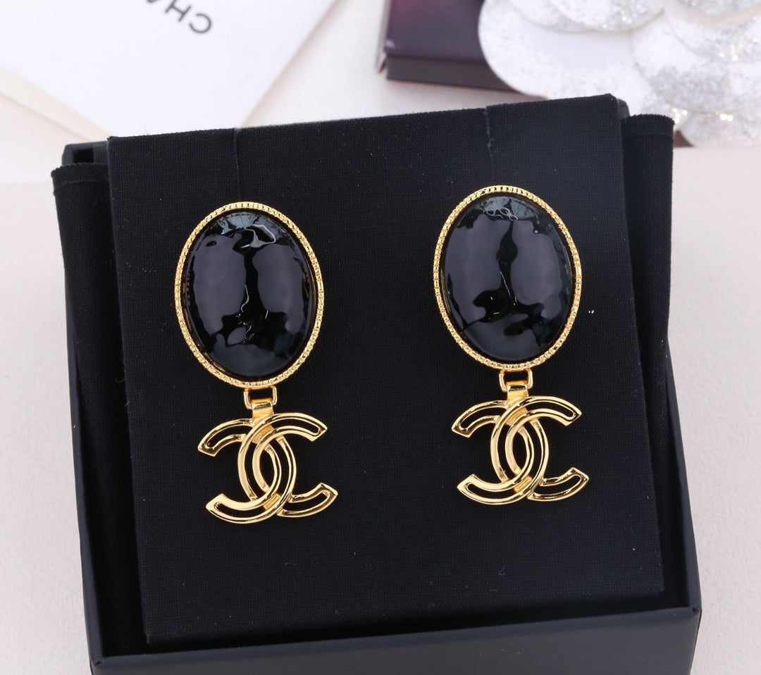 DOUBLE C GOLD BLACK DROP EARRINGS