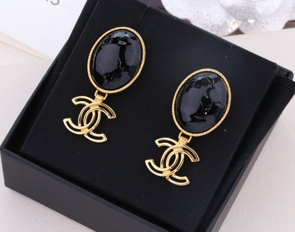 DOUBLE C GOLD BLACK DROP EARRINGS