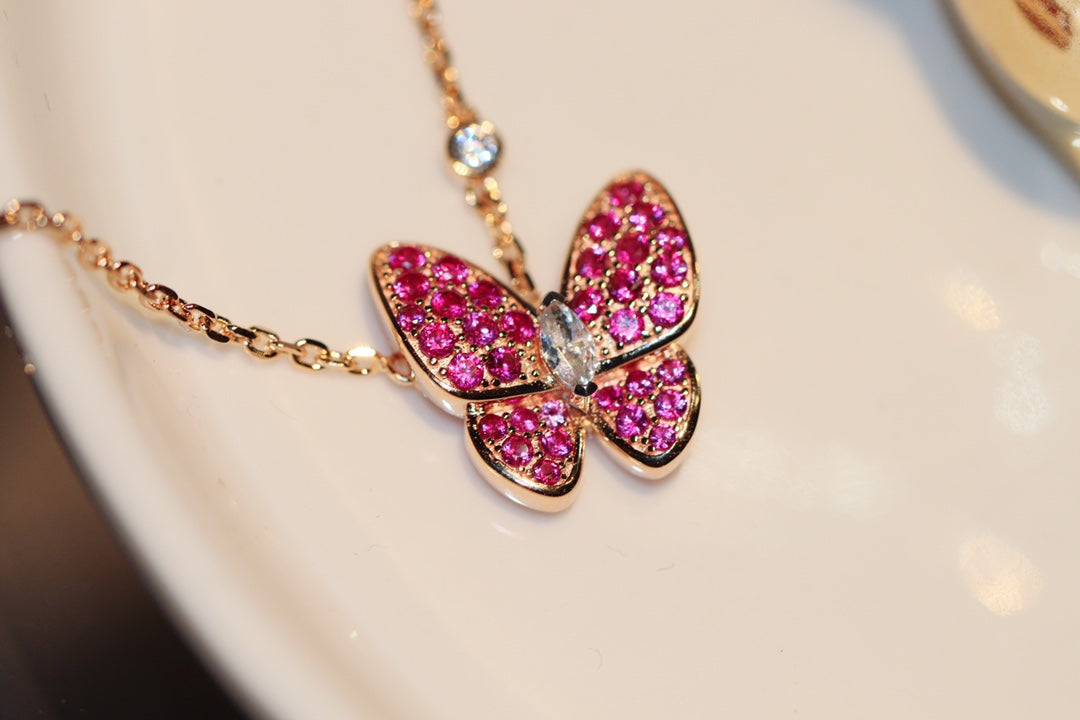 BUTTERFLY RED DIAMOND PINK GOLD NECKLACE