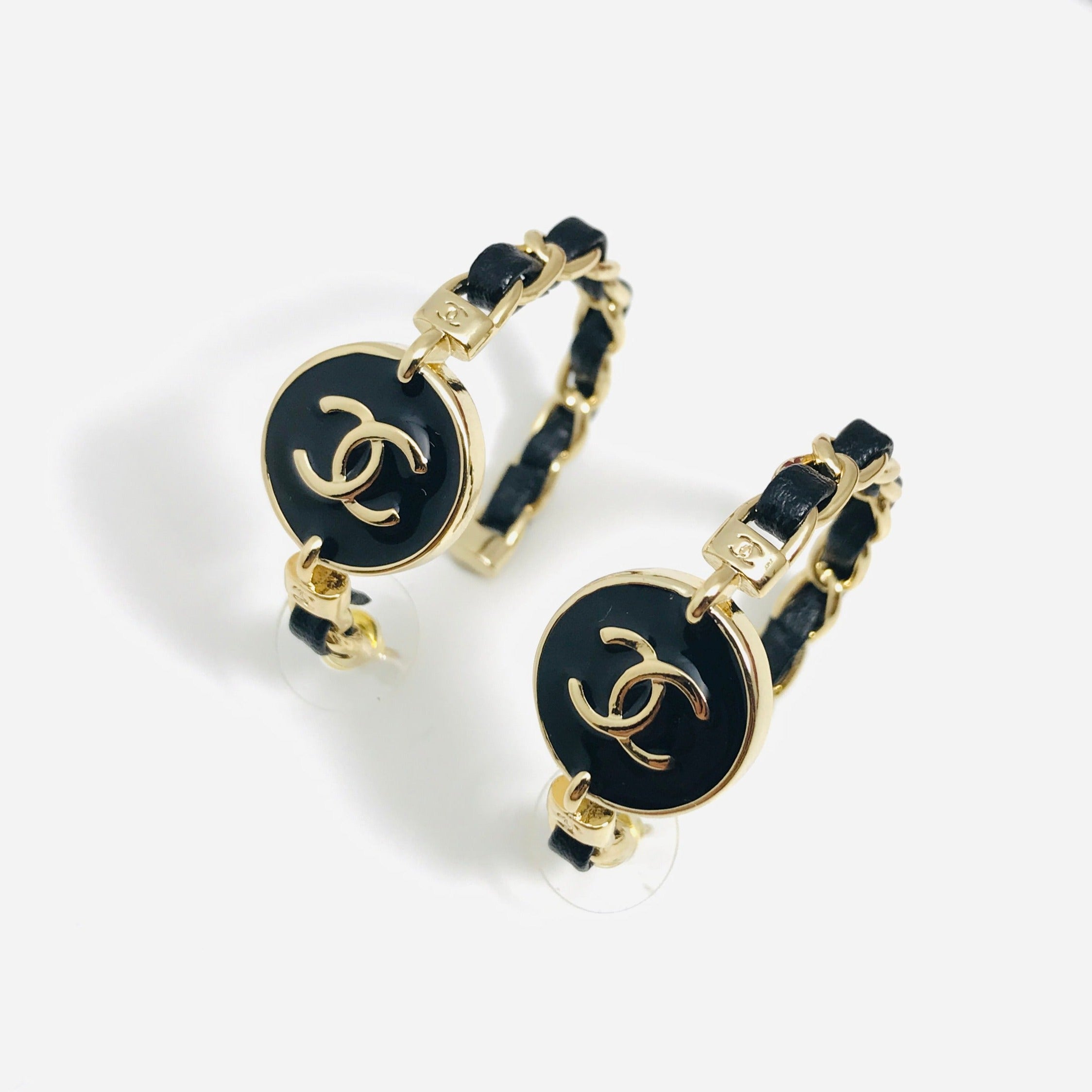 DOUBLE C BLACK LEATHER GOLD HOOP EARRINGS