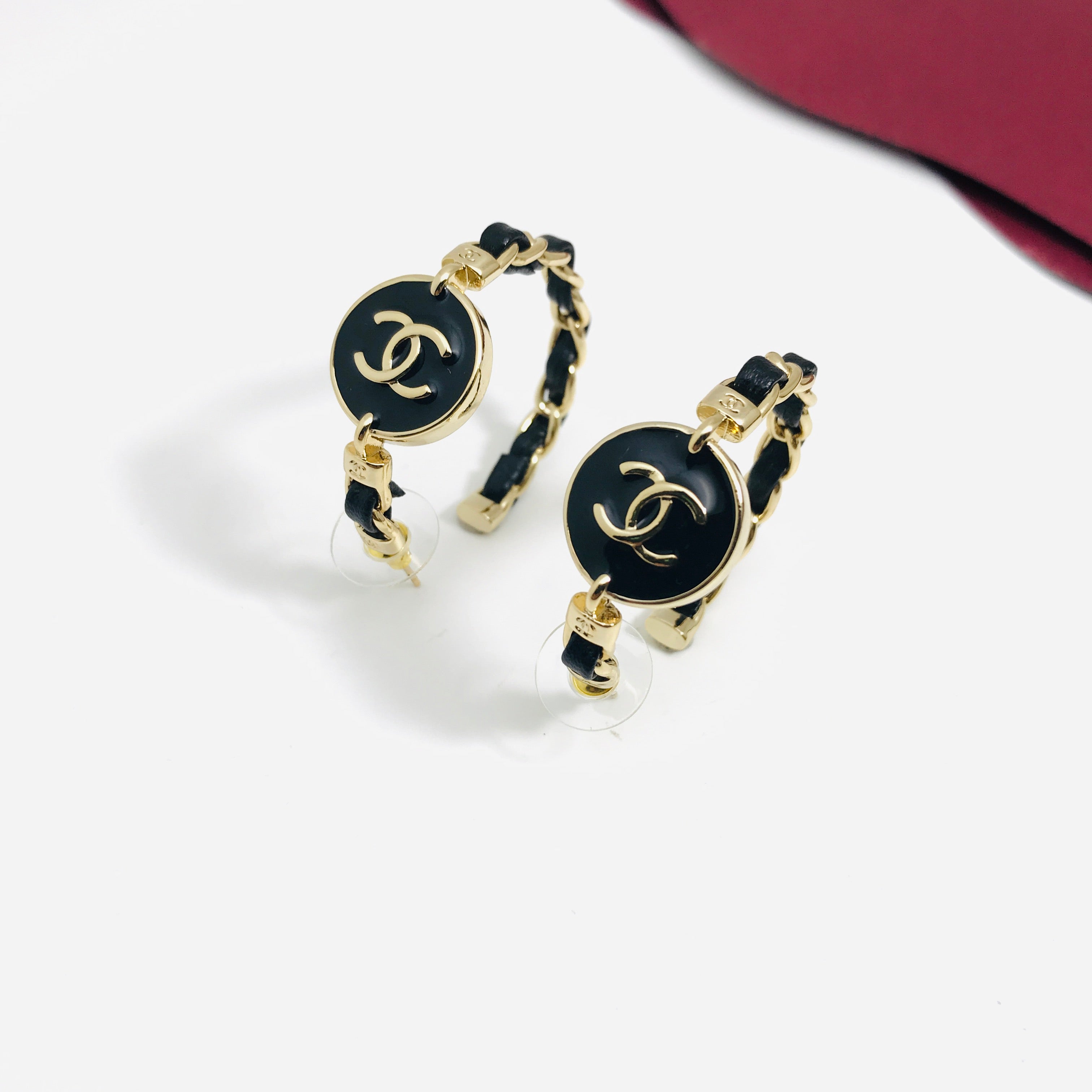 DOUBLE C BLACK LEATHER GOLD HOOP EARRINGS