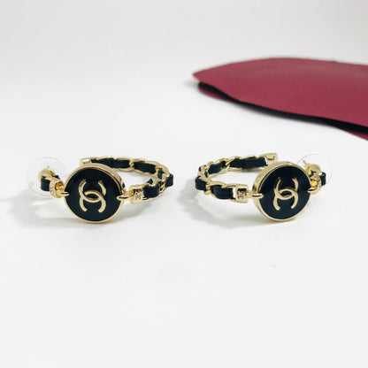 DOUBLE C BLACK LEATHER GOLD HOOP EARRINGS