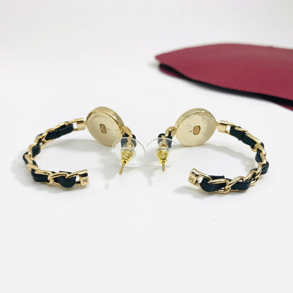 DOUBLE C BLACK LEATHER GOLD HOOP EARRINGS