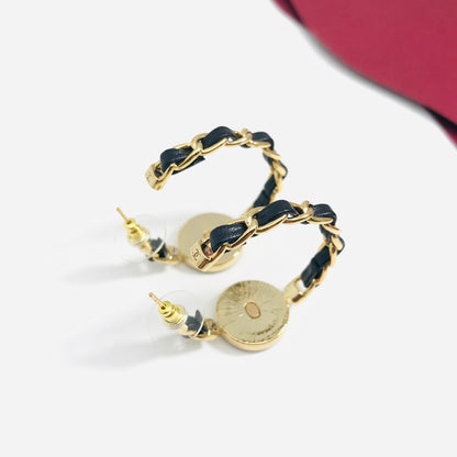 DOUBLE C BLACK LEATHER GOLD HOOP EARRINGS