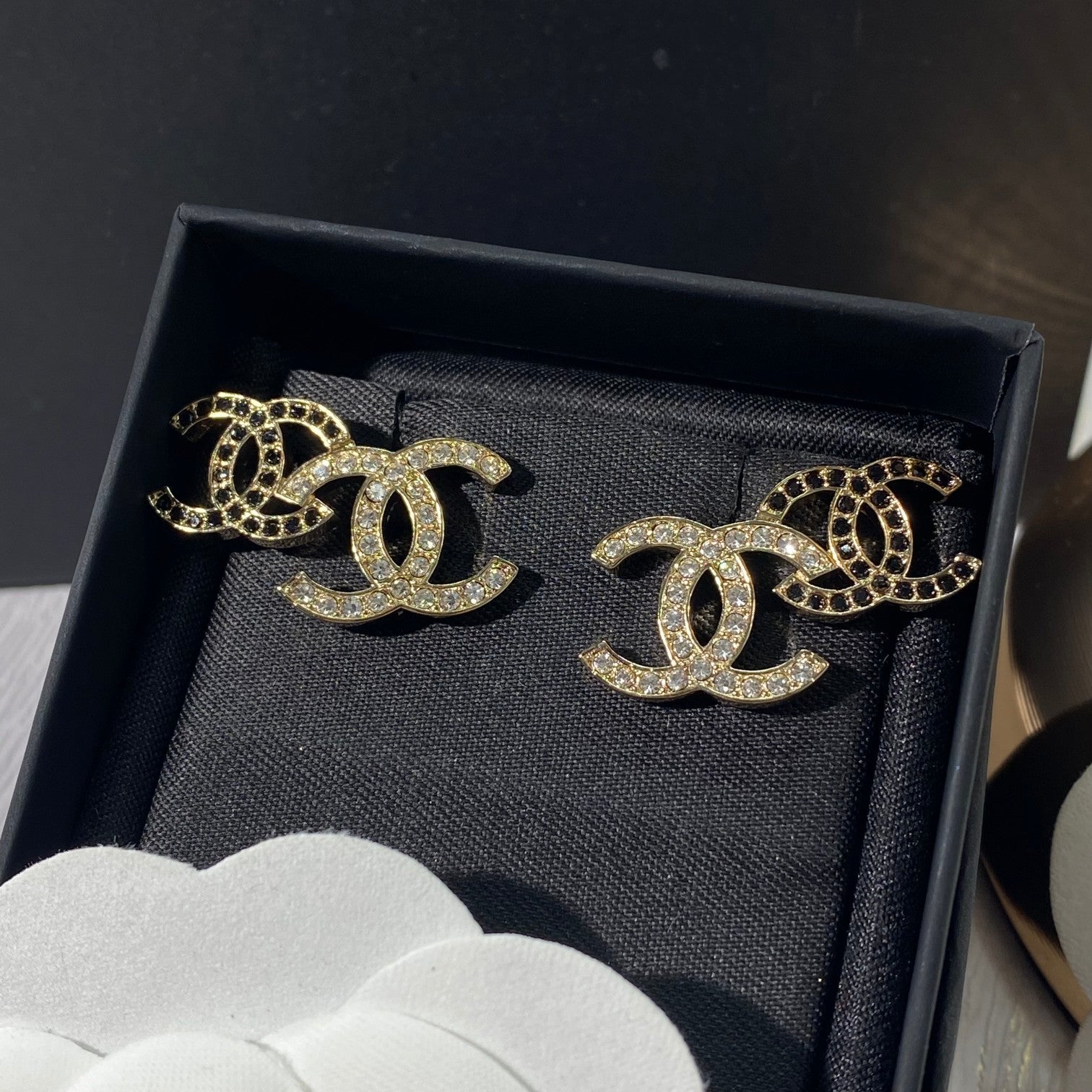 DOUBLE STUD DOUBLE C DIAMOND GOLD EARRINGS