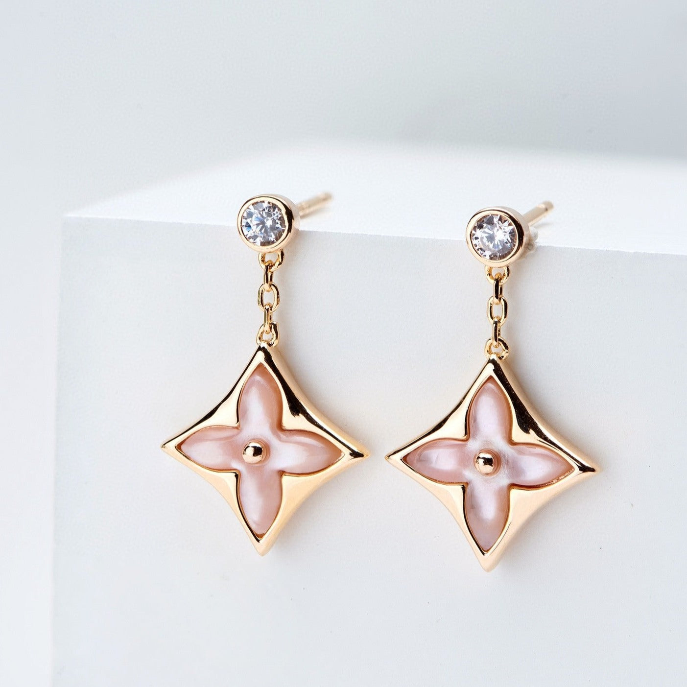 DOUBLE STAR PINK GOLD MOP DROP EARRINGS