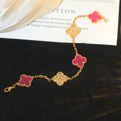 CLOVER 5 GOLD DIAMOND PINK NATURAL STONE BRACELET