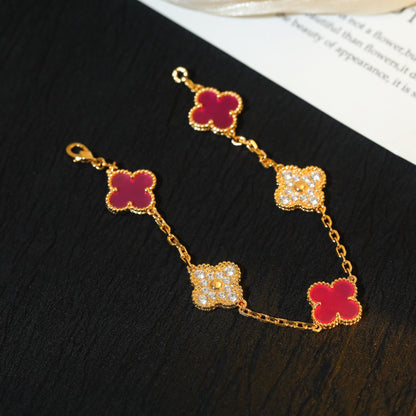 CLOVER 5 GOLD DIAMOND PINK NATURAL STONE BRACELET