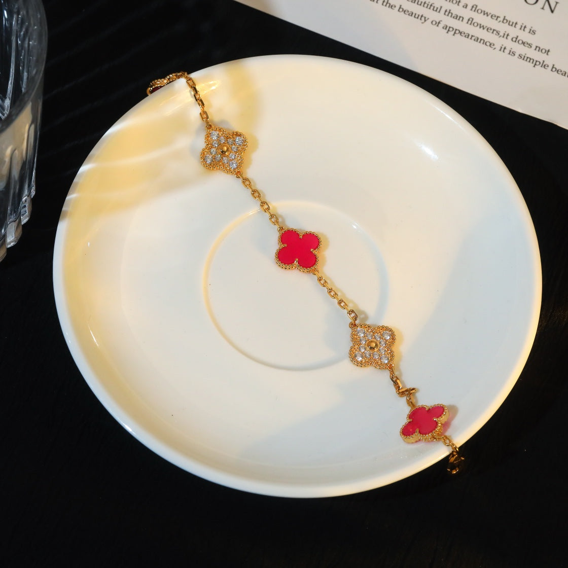 CLOVER 5 GOLD DIAMOND PINK NATURAL STONE BRACELET