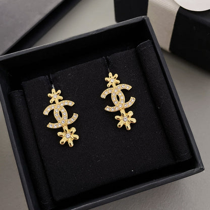 DOUBLE FLOWER CC GOLD DIAMOND DROP EARRINGS