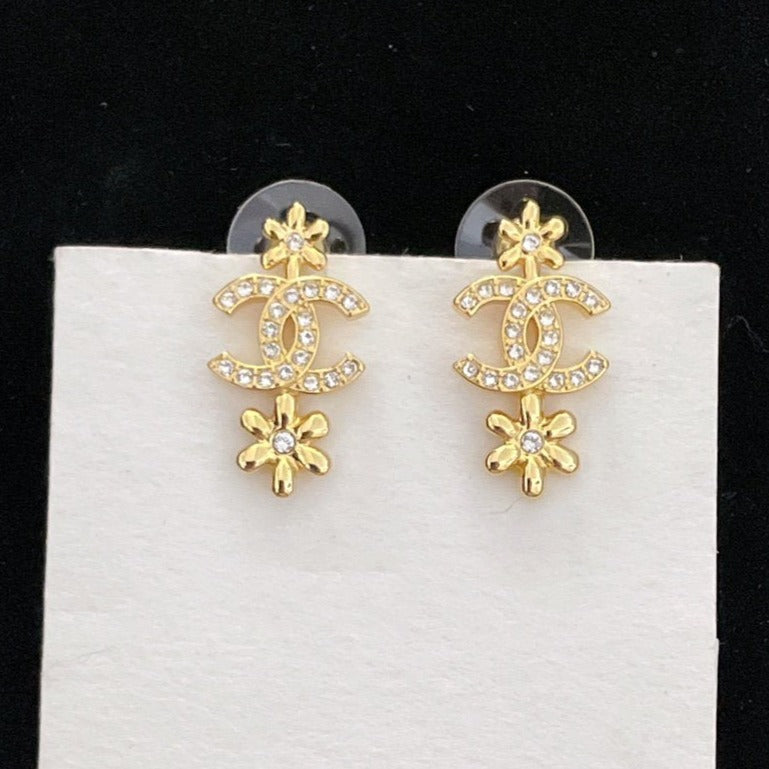 DOUBLE FLOWER CC GOLD DIAMOND DROP EARRINGS