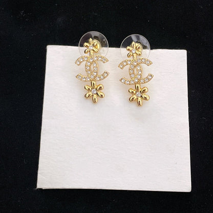 DOUBLE FLOWER CC GOLD DIAMOND DROP EARRINGS