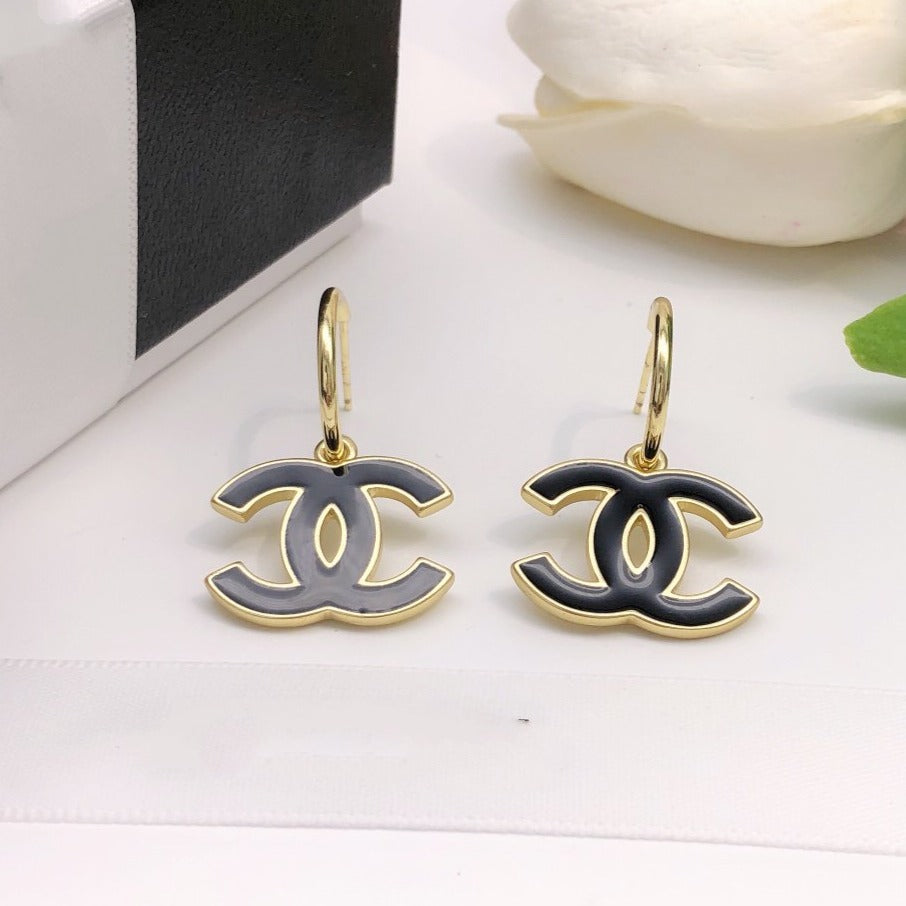 CC GOLD BLACK ENAMEL DROP EARRINGS