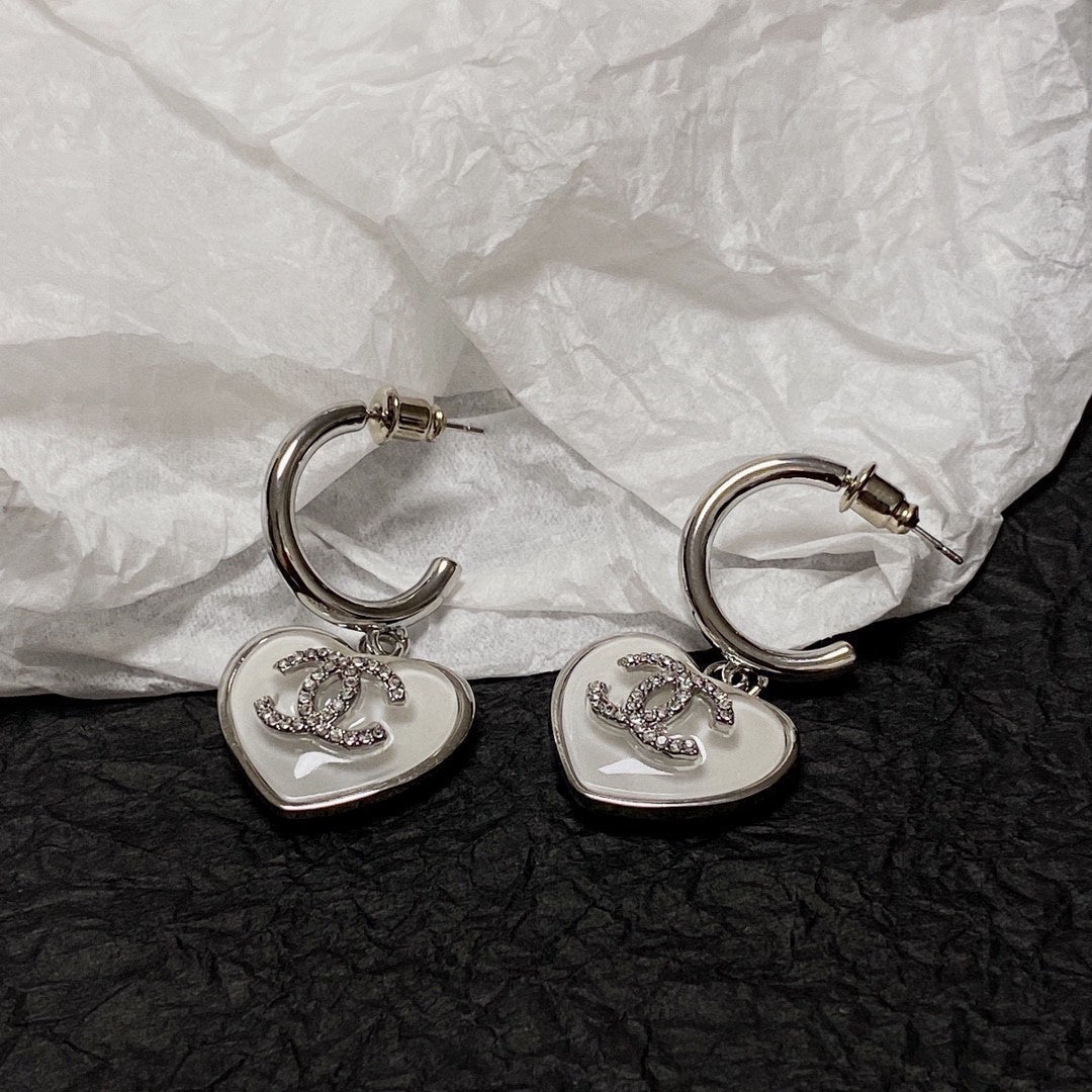 CC SILVER WHITE ENAMEL HOOP EARRINGS