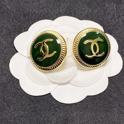 CC LIGHT GOLD GREEN ENAMEL CIRCLE STUD EARRINGS