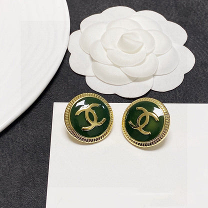 CC LIGHT GOLD GREEN ENAMEL CIRCLE STUD EARRINGS