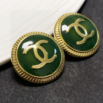 CC LIGHT GOLD GREEN ENAMEL CIRCLE STUD EARRINGS