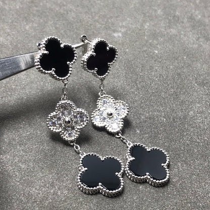 CLOVER 3 MOTIF DIAMOND ONYX SILVER EARRINGS