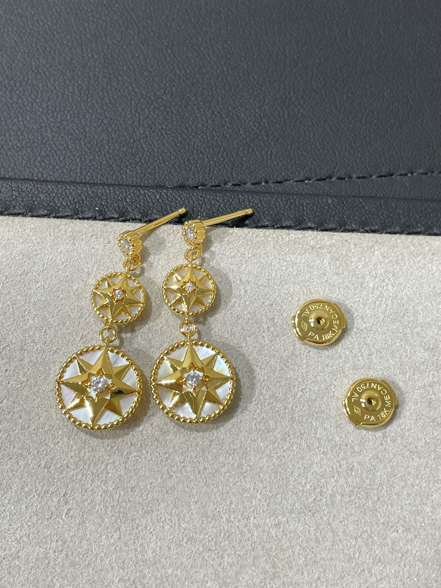 LUCKY STAR GOLD DIAMOND MOP 3 MOTIF DROP EARRINGS