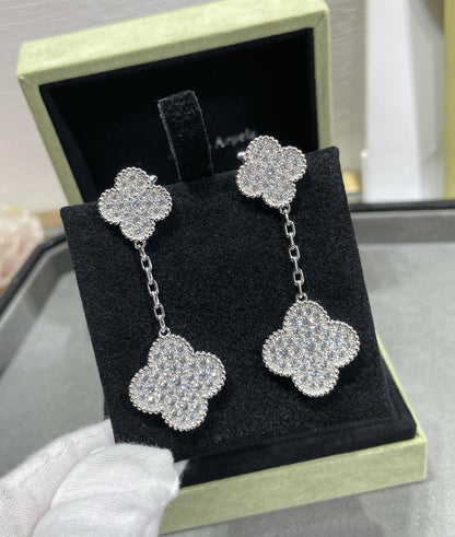 CLOVER 2 MOTIFS DIAMOND PAVED SILVER EARRINGS