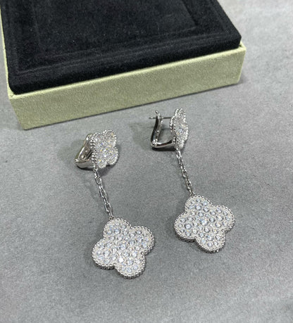 CLOVER 2 MOTIFS DIAMOND PAVED SILVER EARRINGS