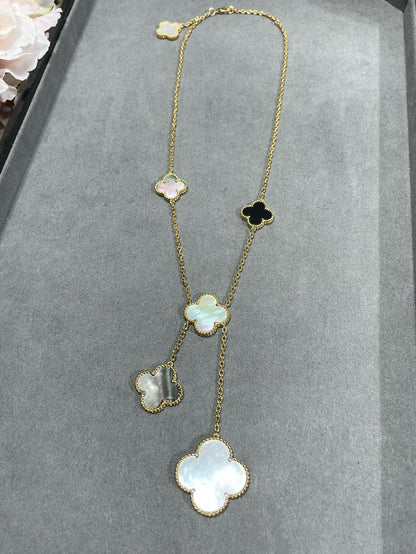 CLOVER 6 MOTIF MOP ONYX GOLD NECKLACE