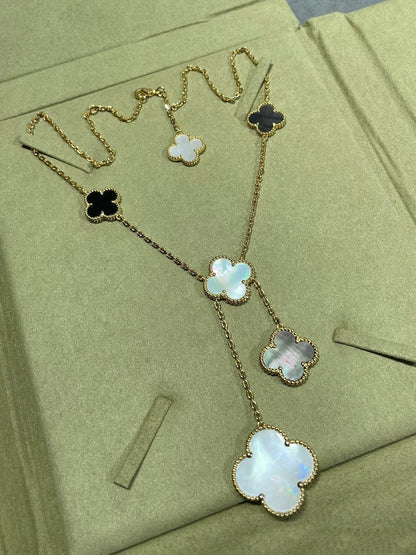 CLOVER 6 MOTIF MOP ONYX GOLD NECKLACE