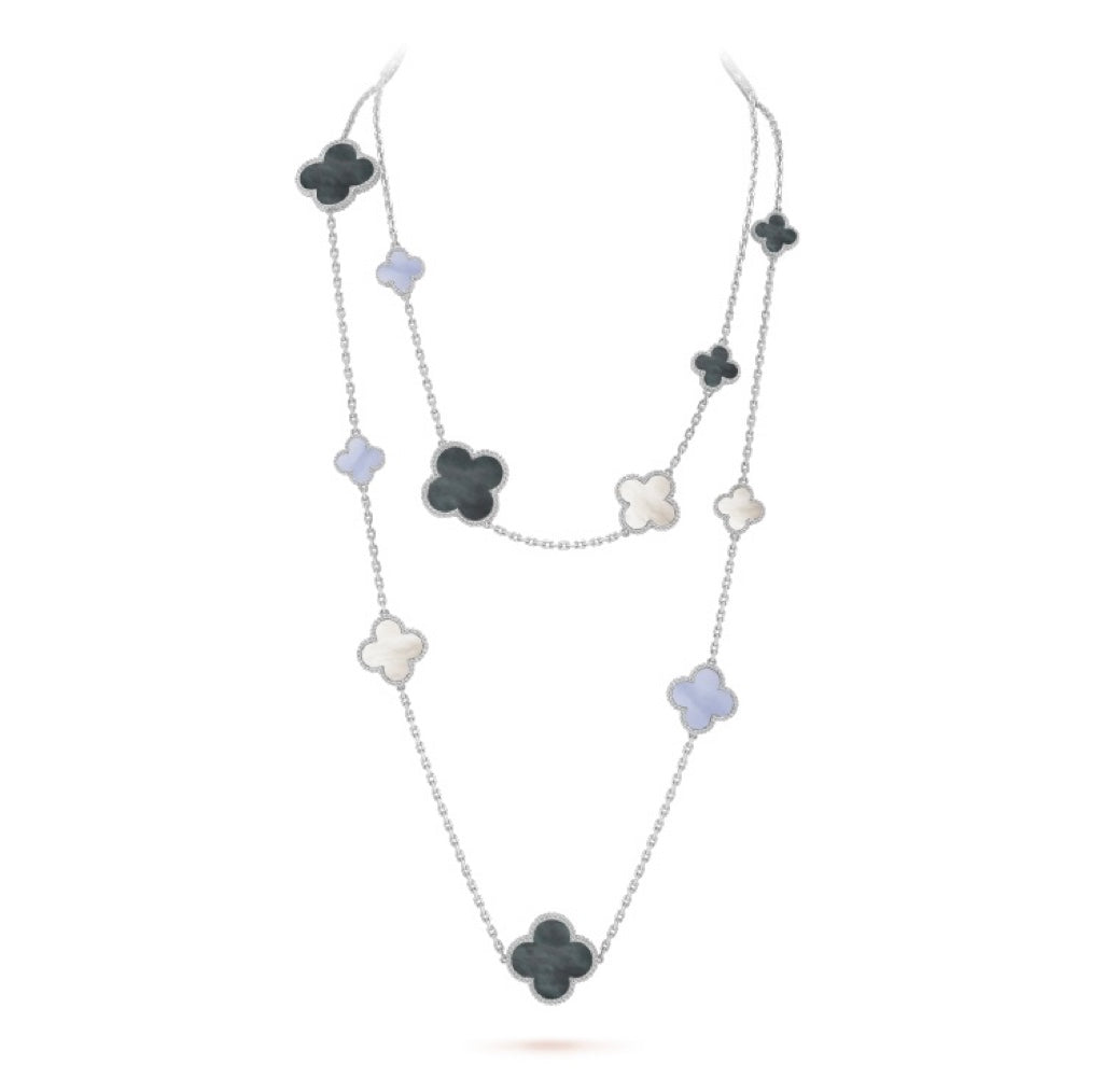 CLOVER 16 MOTIF CHALCEDONY MOP SILVER NECKLACE