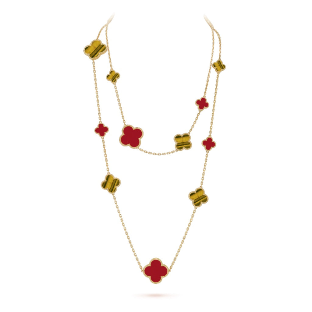 CLOVER 16 MOTIF CARNELIAN TIGER EYE PINK GOLD NECKLACE