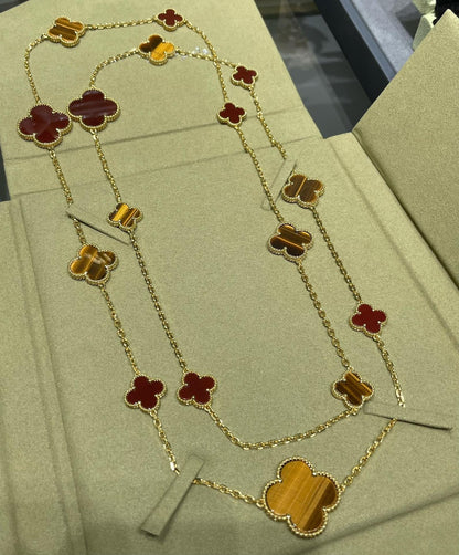 CLOVER 16 MOTIF CARNELIAN TIGER EYE PINK GOLD NECKLACE