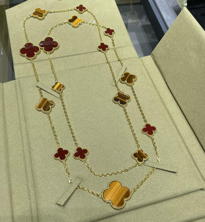 CLOVER 16 MOTIF CARNELIAN TIGER EYE PINK GOLD NECKLACE