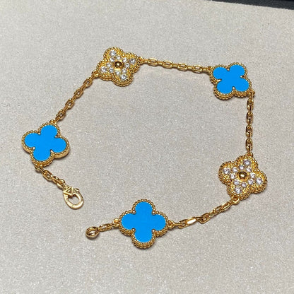 CLOVER 5 MOTIF TURQUOISE DIAMOND GOLD BRACELET