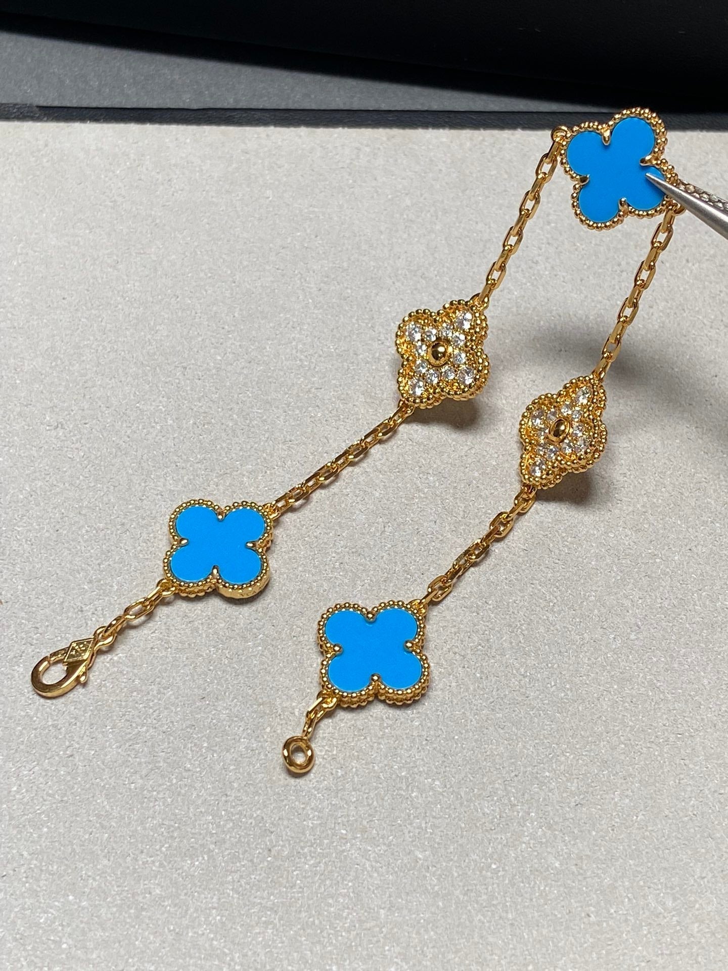 CLOVER 5 MOTIF TURQUOISE DIAMOND GOLD BRACELET