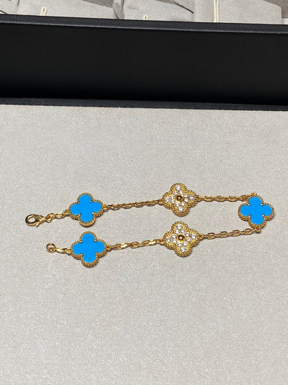 CLOVER 5 MOTIF TURQUOISE DIAMOND GOLD BRACELET